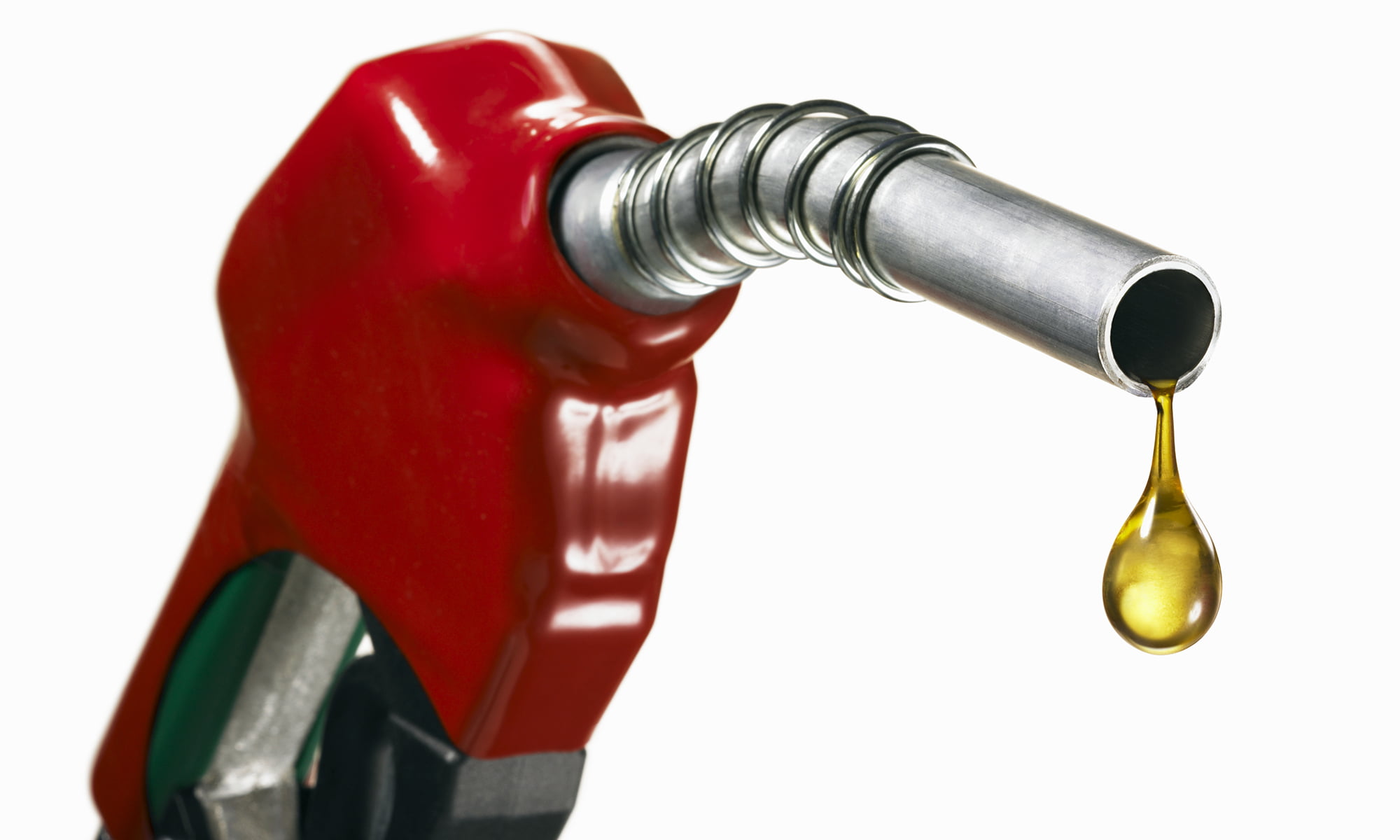 Gasoline nozzle with drop of oil, close-up